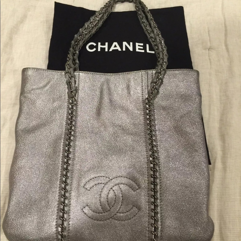 Authentic Chanel cc metallic gray handbag tote